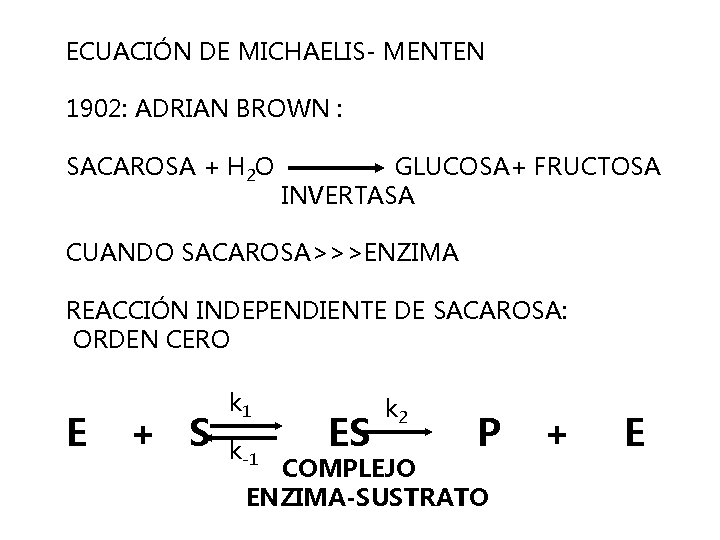 ECUACIÓN DE MICHAELIS- MENTEN 1902: ADRIAN BROWN : SACAROSA + H 2 O GLUCOSA+