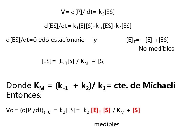 V= d[P]/ dt= k 2[ES] d[ES]/dt= k 1[E][S]-k-1[ES]-k 2[ES] d[ES]/dt=0 edo estacionario y [E]