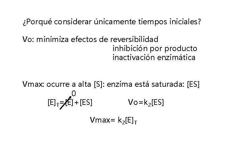 ¿Porqué considerar únicamente tiempos iniciales? Vo: minimiza efectos de reversibilidad inhibición por producto inactivación