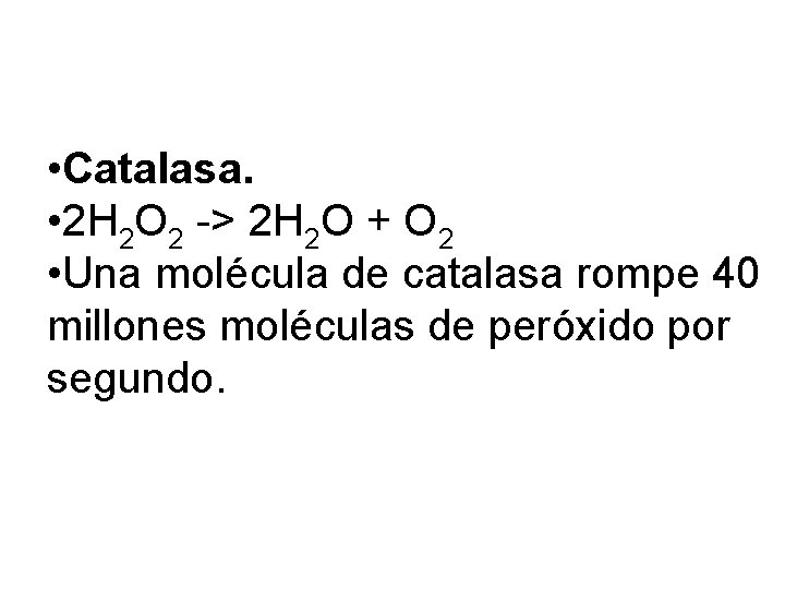  • Catalasa. • 2 H 2 O 2 -> 2 H 2 O