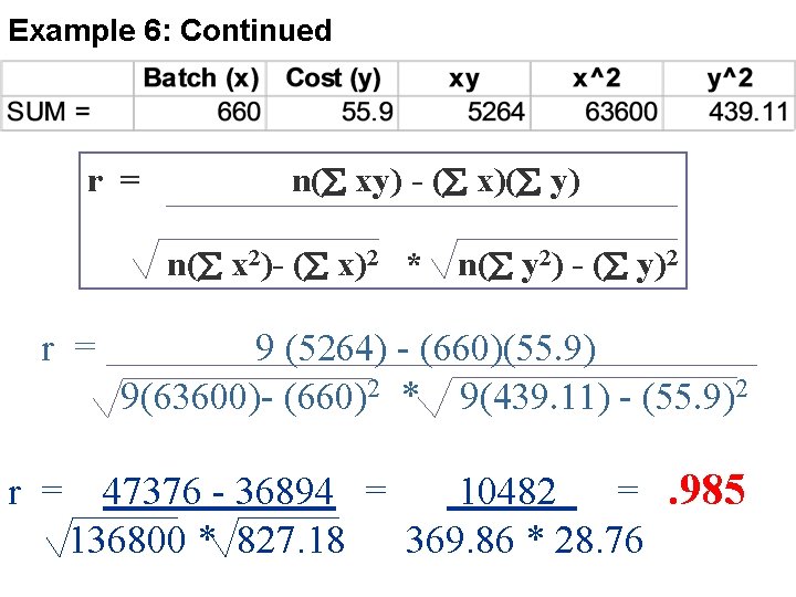 Example 6: Continued r = n( xy) - ( x)( y) n( x 2)-