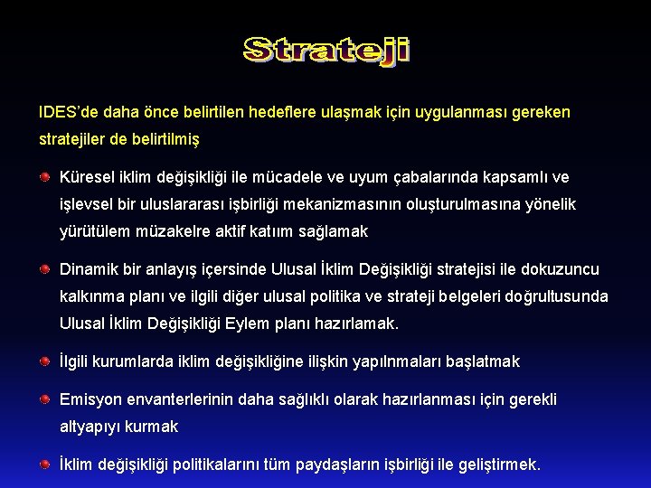 IDES’de daha önce belirtilen hedeflere ulaşmak için uygulanması gereken stratejiler de belirtilmiş Küresel iklim