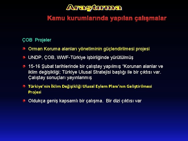 Kamu kurumlarında yapılan çalışmalar ÇOB Projeler Orman Koruma alanları yönetiminin güçlendirilmesi projesi UNDP, ÇOB,