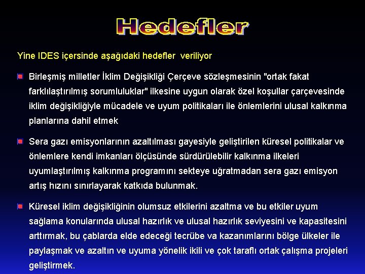 Yine IDES içersinde aşağıdaki hedefler veriliyor Birleşmiş milletler İklim Değişikliği Çerçeve sözleşmesinin "ortak fakat