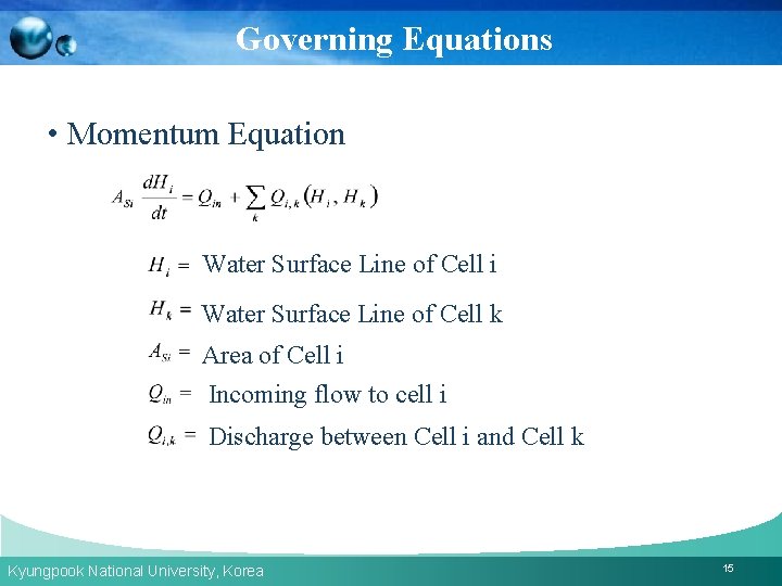 Governing Equations • Momentum Equation Water Surface Line of Cell i Water Surface Line