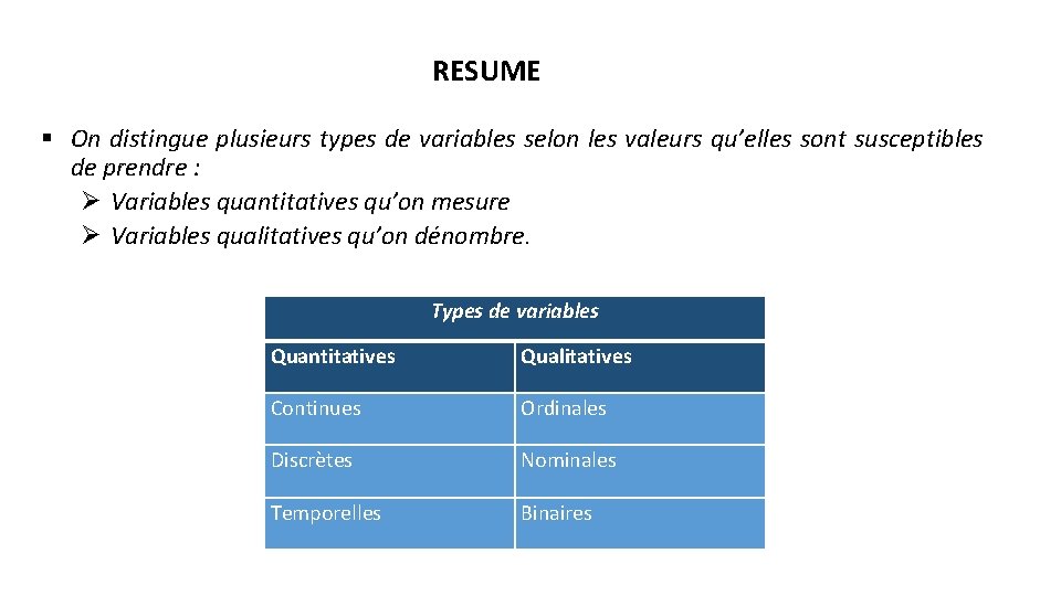RESUME § On distingue plusieurs types de variables selon les valeurs qu’elles sont susceptibles