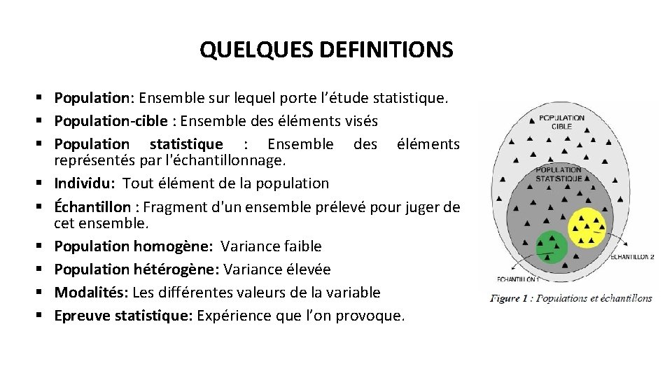 QUELQUES DEFINITIONS § Population: Ensemble sur lequel porte l’étude statistique. § Population-cible : Ensemble