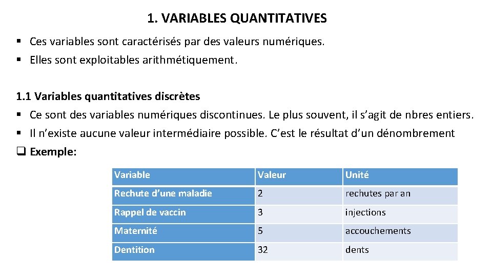 1. VARIABLES QUANTITATIVES § Ces variables sont caractérisés par des valeurs numériques. § Elles