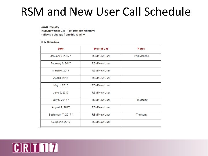 RSM and New User Call Schedule 