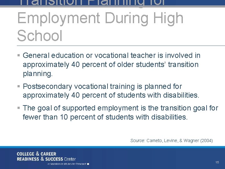 Transition Planning for Employment During High School § General education or vocational teacher is