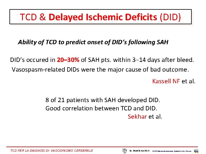TCD & Delayed Ischemic Deficits (DID) Ability of TCD to predict onset of DID’s