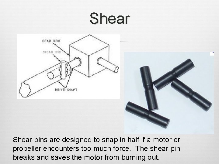 Shear pins are designed to snap in half if a motor or propeller encounters