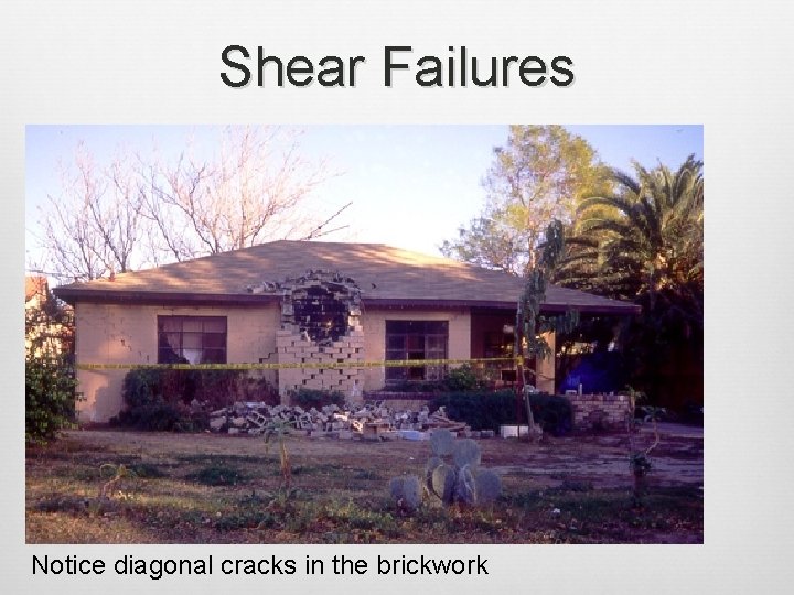 Shear Failures Notice diagonal cracks in the brickwork 