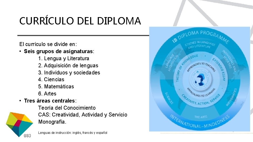 CURRÍCULO DEL DIPLOMA El currículo se divide en: • Seis grupos de asignaturas: 1.