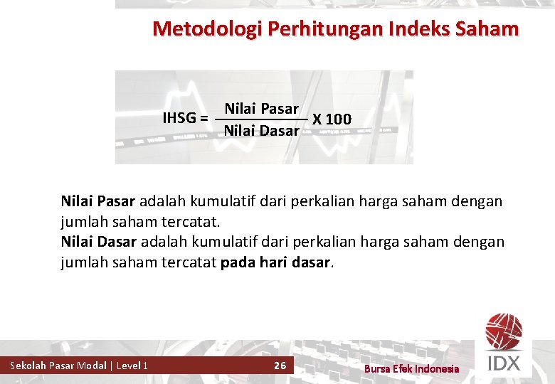 Metodologi Perhitungan Indeks Saham IHSG = Nilai Pasar X 100 Nilai Dasar Nilai Pasar