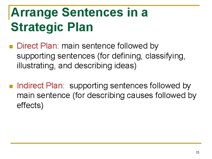 Arrange Sentences in a Strategic Plan n Direct Plan: main sentence followed by supporting