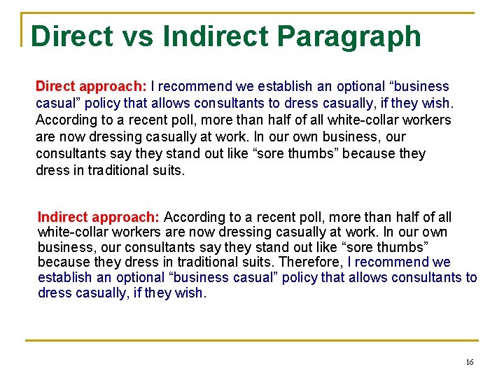 Direct vs Indirect Paragraph Direct approach: I recommend we establish an optional “business casual”