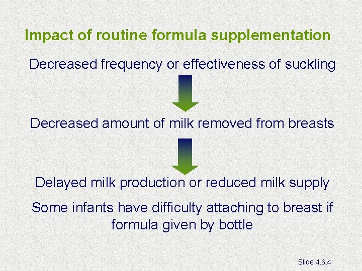 Impact of routine formula supplementation Decreased frequency or effectiveness of suckling Decreased amount of