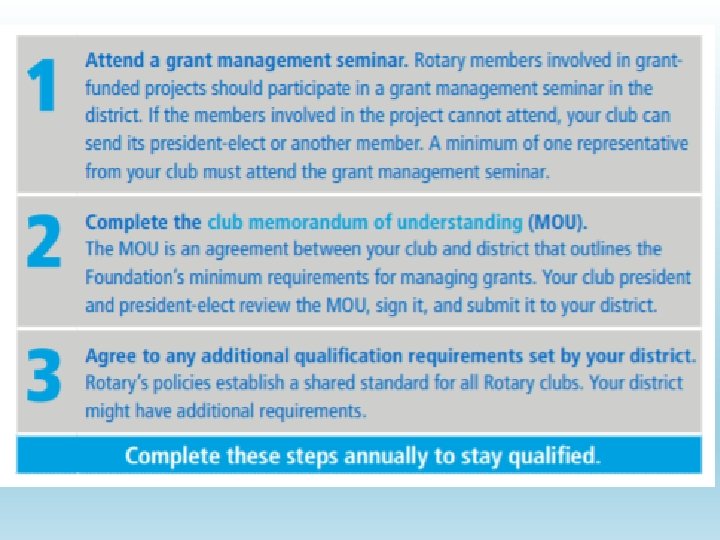 CLUB QUALIFICATION At Rotary, we want every grant to demonstrate that we’re ethical, responsible
