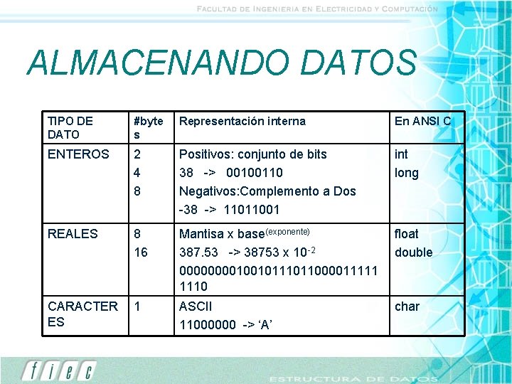 ALMACENANDO DATOS TIPO DE DATO #byte s Representación interna En ANSI C ENTEROS 2