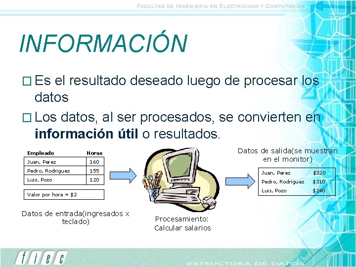 INFORMACIÓN � Es el resultado deseado luego de procesar los datos � Los datos,