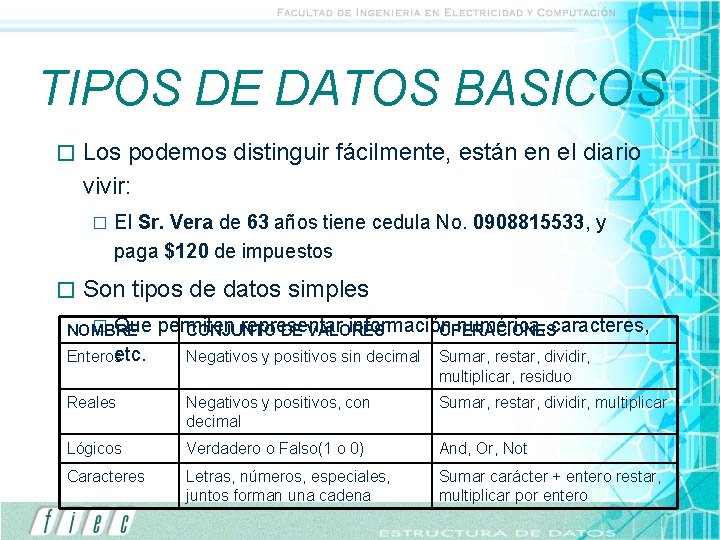 TIPOS DE DATOS BASICOS � Los podemos distinguir fácilmente, están en el diario vivir: