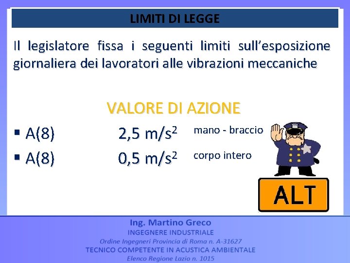 LIMITI DI LEGGE Il legislatore fissa i seguenti limiti sull’esposizione giornaliera dei lavoratori alle