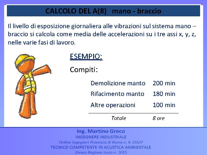 CALCOLO DEL A(8) mano - braccio Il livello di esposizione giornaliera alle vibrazioni sul