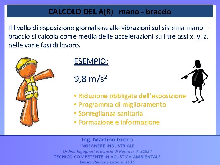 CALCOLO DEL A(8) mano - braccio Il livello di esposizione giornaliera alle vibrazioni sul