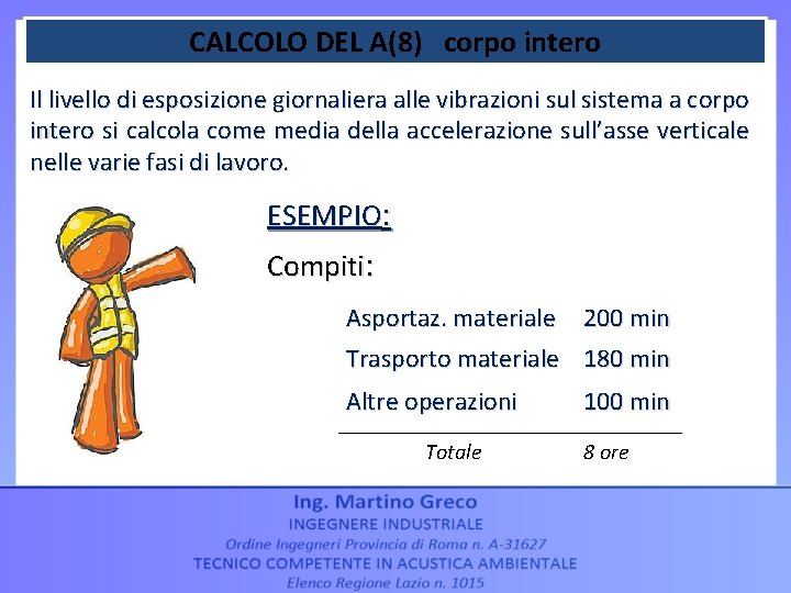 CALCOLO DEL A(8) corpo intero Il livello di esposizione giornaliera alle vibrazioni sul sistema