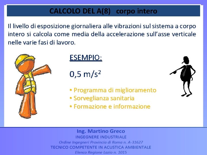 CALCOLO DEL A(8) corpo intero Il livello di esposizione giornaliera alle vibrazioni sul sistema