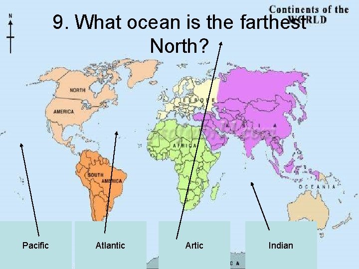 9. What ocean is the farthest North? Pacific Atlantic Artic Indian 