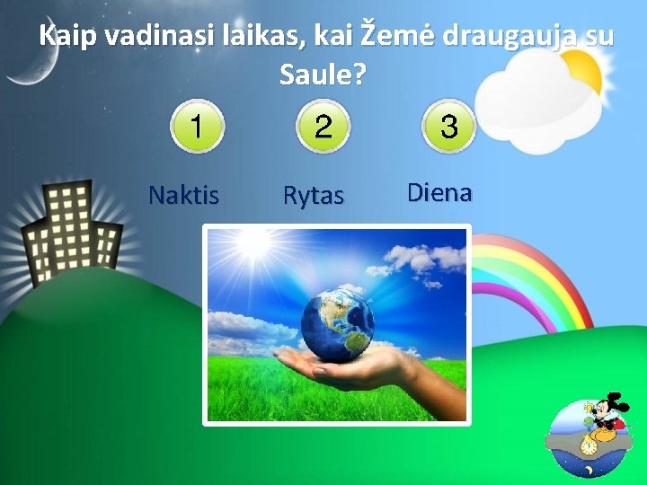 Kaip vadinasi laikas, kai Žemė draugauja su Saule? Naktis Rytas Diena 