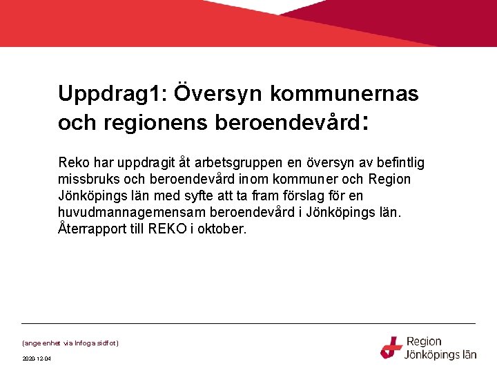 Uppdrag 1: Översyn kommunernas och regionens beroendevård: Reko har uppdragit åt arbetsgruppen en översyn