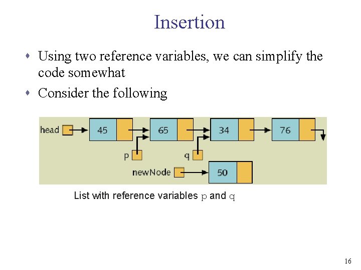 Insertion s Using two reference variables, we can simplify the code somewhat s Consider
