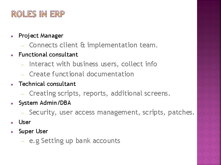  Project Manager Functional consultant Creating scripts, reports, additional screens. System Admin/DBA Interact with