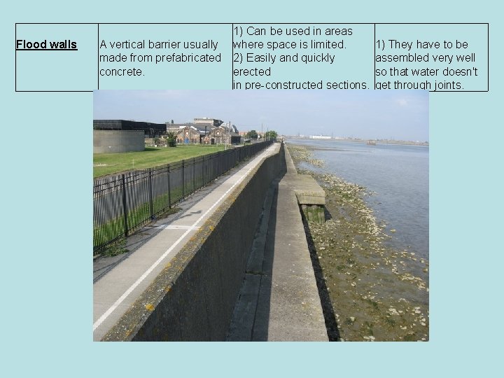 Flood walls A vertical barrier usually made from prefabricated concrete. 1) Can be used