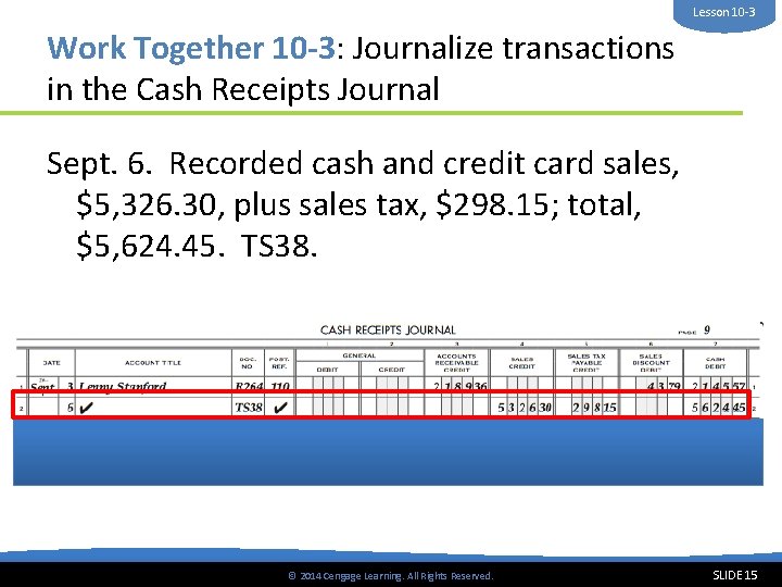 Lesson 10 -3 Work Together 10 -3: Journalize transactions in the Cash Receipts Journal