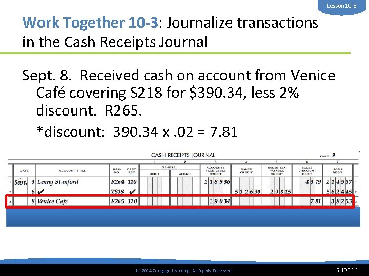 Lesson 10 -3 Work Together 10 -3: Journalize transactions in the Cash Receipts Journal