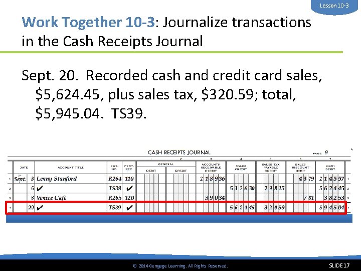 Lesson 10 -3 Work Together 10 -3: Journalize transactions in the Cash Receipts Journal