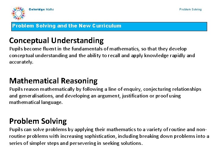 Coleridge Maths Problem Solving and the New Curriculum Conceptual Understanding Pupils become fluent in