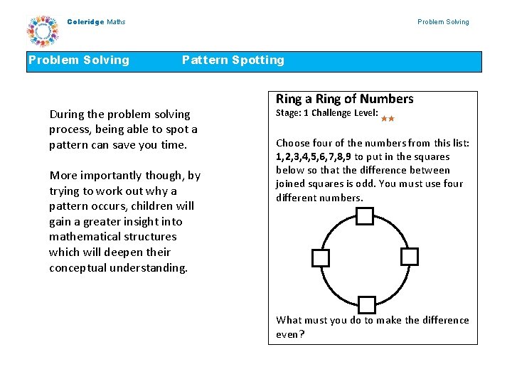 Coleridge Maths Problem Solving Pattern Spotting During the problem solving process, being able to