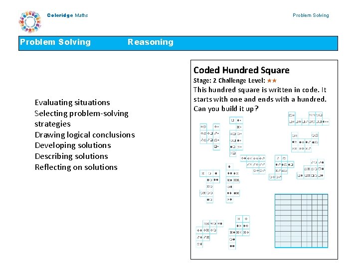 Coleridge Maths Problem Solving Reasoning Coded Hundred Square Stage: 2 Challenge Level: Evaluating situations