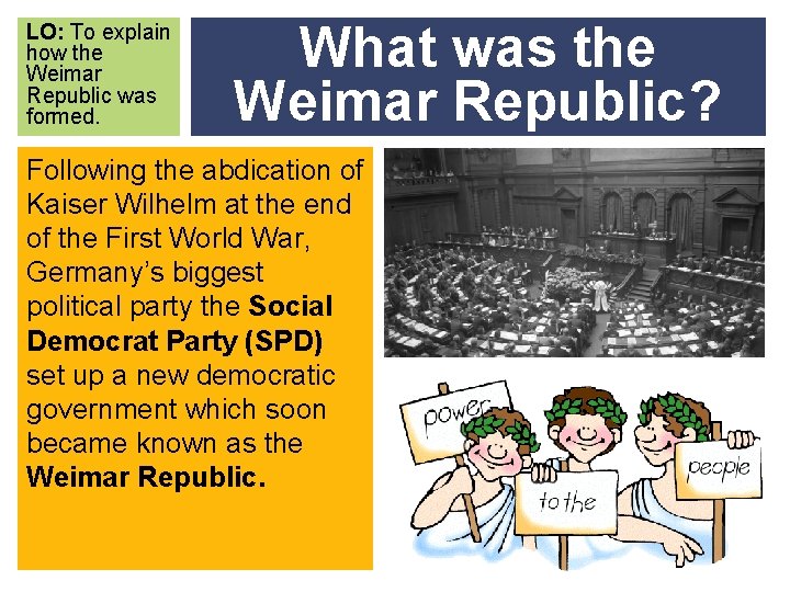 LO: To explain how the Weimar Republic was formed. What was the Weimar Republic?