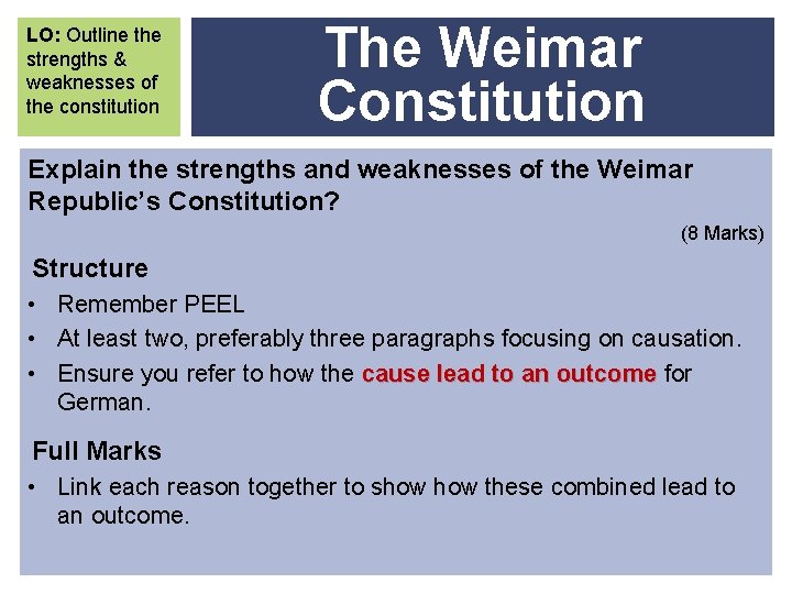 LO: Outline the strengths & weaknesses of the constitution The Weimar Constitution Explain the