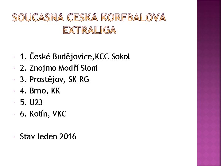  1. 2. 3. 4. 5. 6. Stav leden 2016 České Budějovice, KCC Sokol