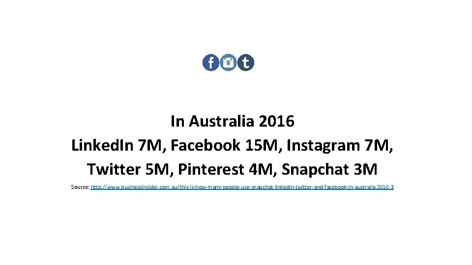 In Australia 2016 Linked. In 7 M, Facebook 15 M, Instagram 7 M, Twitter