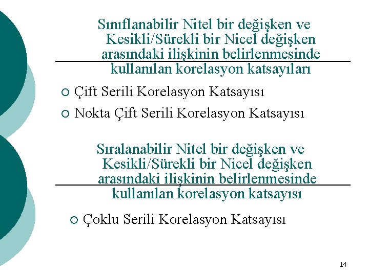 Sınıflanabilir Nitel bir değişken ve Kesikli/Sürekli bir Nicel değişken arasındaki ilişkinin belirlenmesinde kullanılan korelasyon