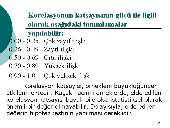 Korelasyonun katsayısının gücü ile ilgili olarak aşağıdaki tanımlamalar yapılabilir: 0. 00 - 0. 25