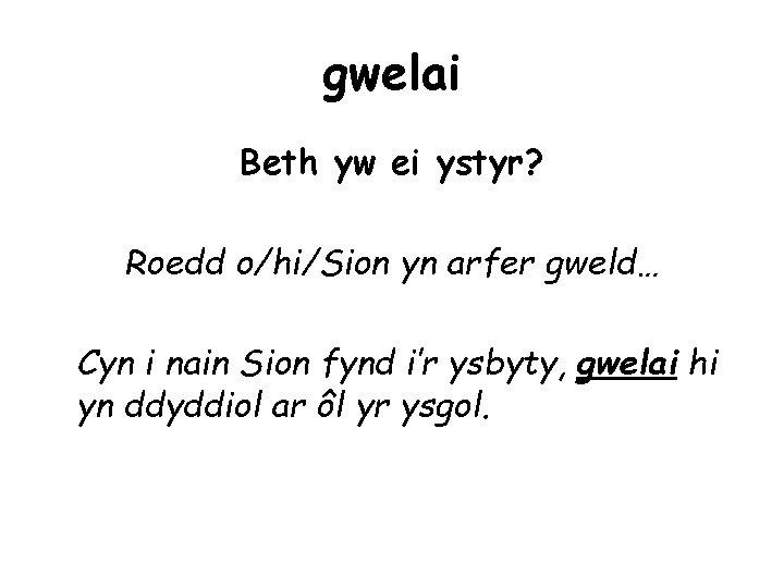 gwelai Beth yw ei ystyr? Roedd o/hi/Sion yn arfer gweld… Cyn i nain Sion